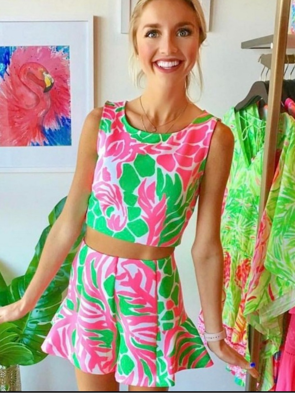 Lilly Pulitzer Pink & Green Tropical Crop Top & Short set SZ S NWOT